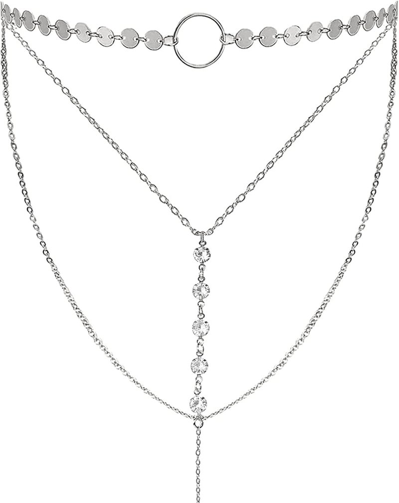 Suyi Stylish Layered Sequins Choker Necklace with Thin Long Chian Pendant for Women Lady - Image 1